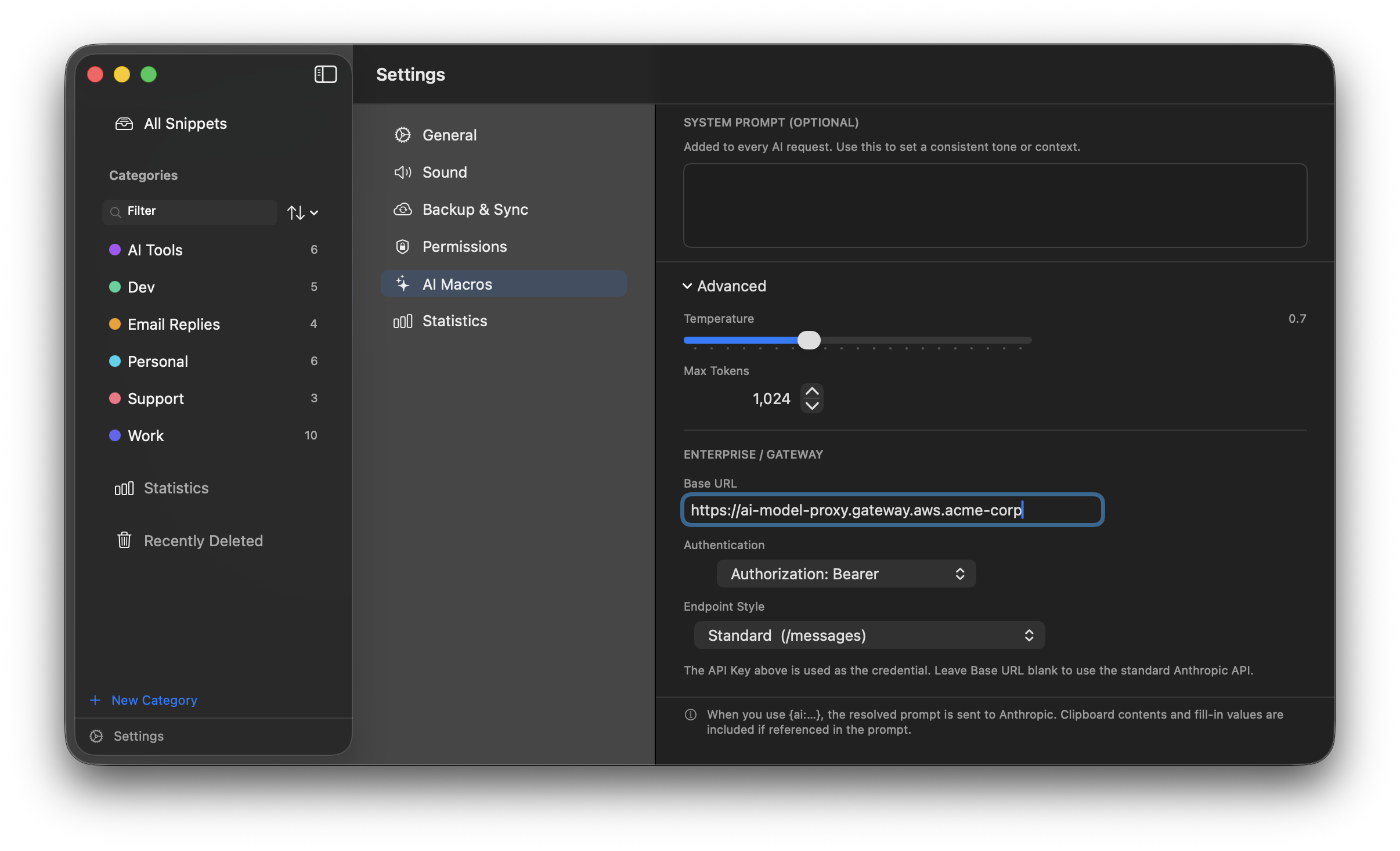 AI enterprise gateway settings