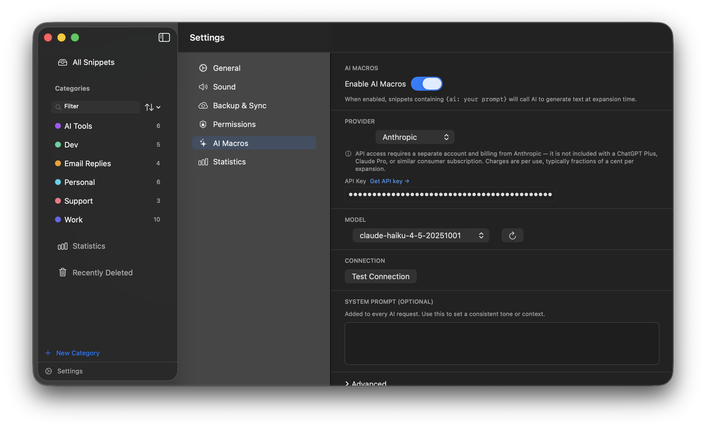 AI Macros settings