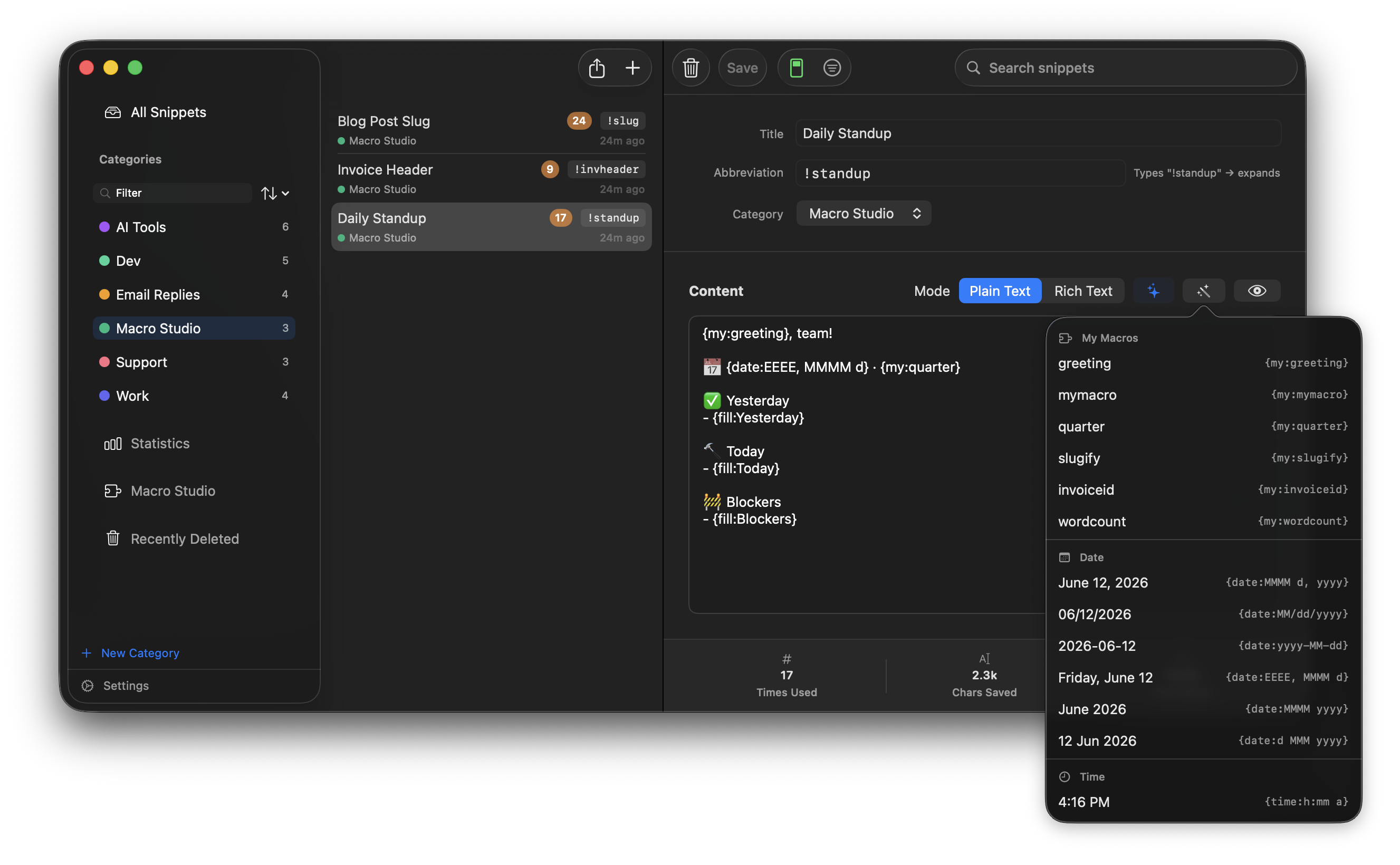 Macro picker showing the My Macros section