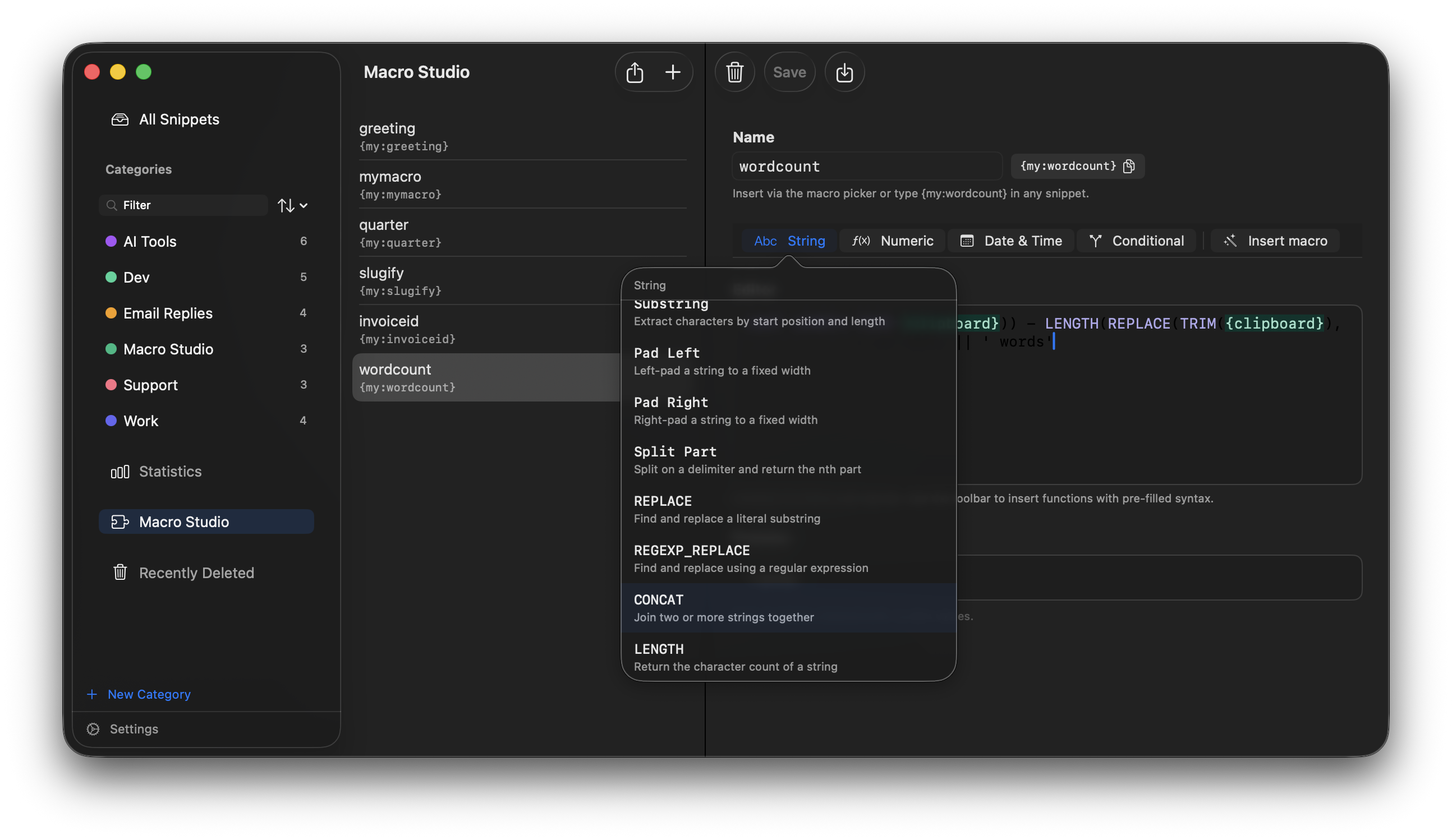 Macro editor with name, formula, and live preview