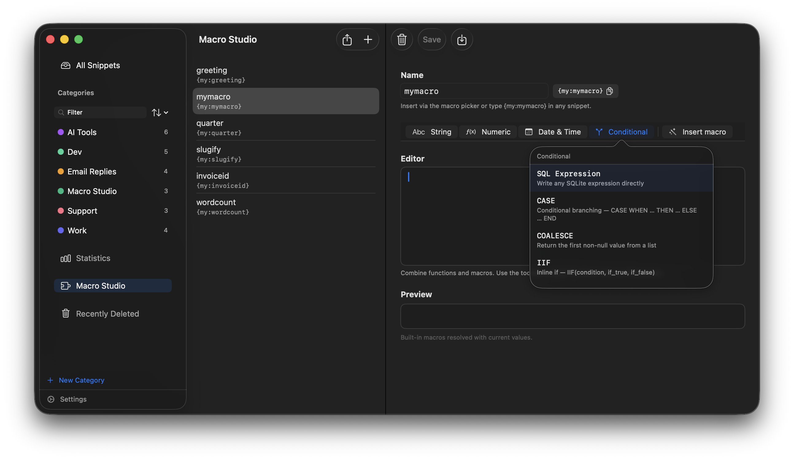 Formula editor with toolbar showing String, Numeric, Date & Time, and Conditional categories