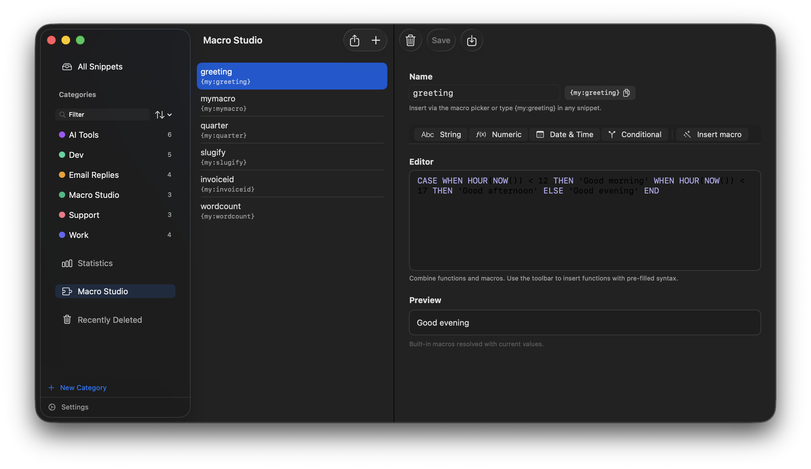 Macro Studio in the sidebar with the macro list and editor