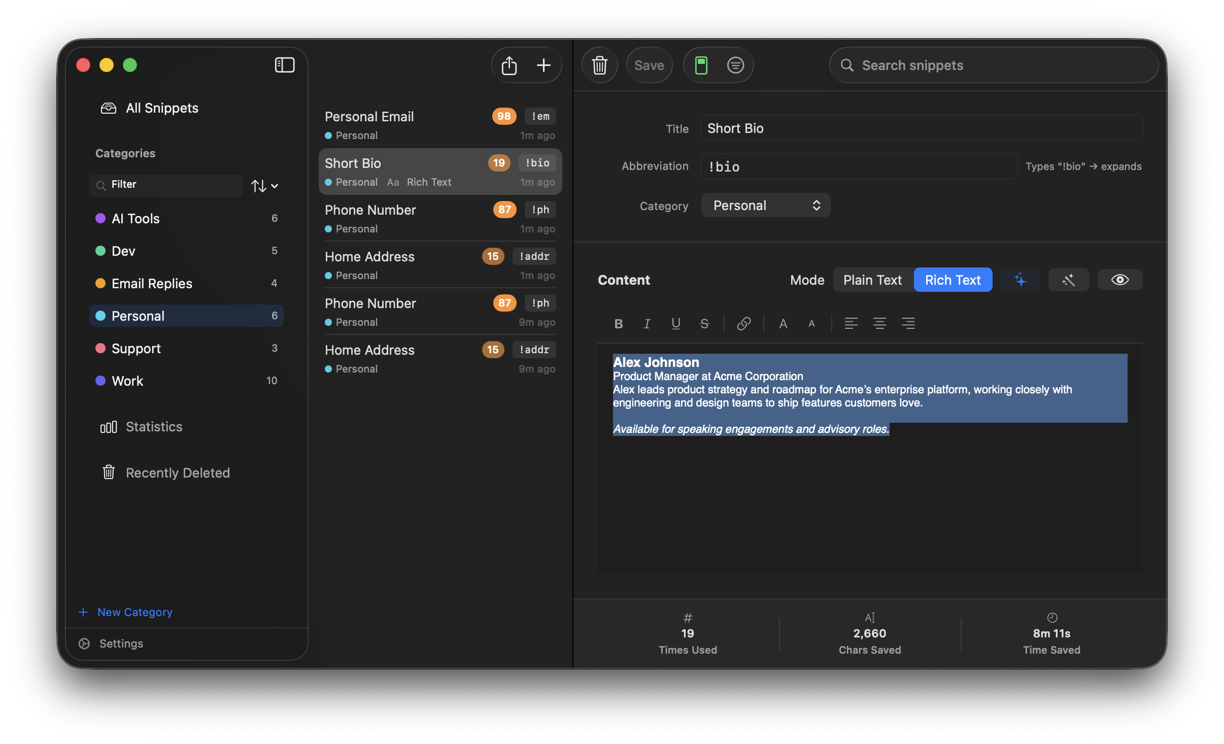 Rich text editor with formatting toolbar